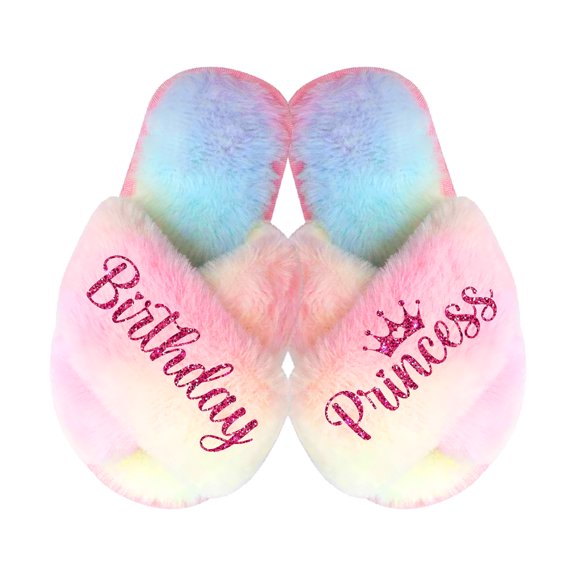 Birthday Princess Slippers - Fluffy Criss Cross Slippers for Girls - Ages 3 to 10 years - Gifts for Girls, Multi-Color 2.5-3Y (9-10Yrs), Fuchsia Glitter