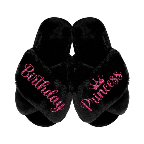 Birthday Princess Slippers - Fluffy Criss Cross Slippers for Girls - Ages 3 to 10 years - Gifts for Girls, Black 2.5-3Y (9-10Yrs), Fuchsia Glitter