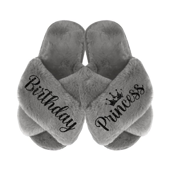 Birthday Princess Slippers - Fluffy Criss Cross Slippers for Girls - Ages 3 to 10 years - Gifts for Girls, Gray 1-1.5Y (8-9 Yrs), Black Glitter