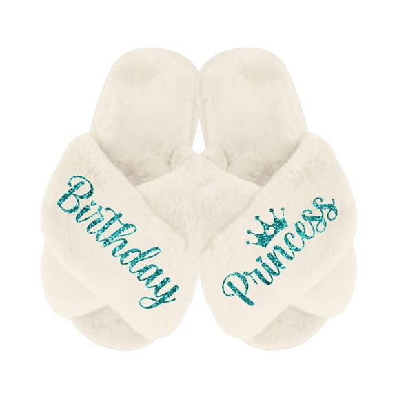 Birthday Princess Slippers - Fluffy Criss Cross Slippers for Girls - Ages 3 to 10 years - Gifts for Girls, Ivory 10.5-11C (3-4Yrs), Turquoise Glitter
