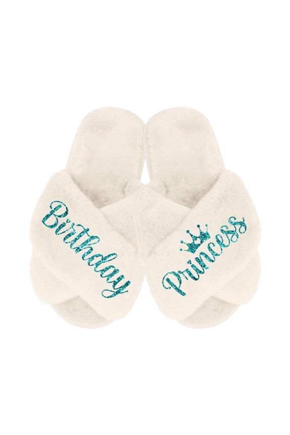Birthday Princess Slippers - Fluffy Criss Cross Slippers for Girls - Ages 3 to 10 years - Gifts for Girls, Ivory 10.5-11C (3-4Yrs), Turquoise Glitter
