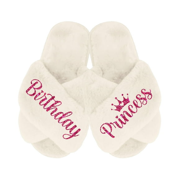 Birthday Princess Slippers - Fluffy Criss Cross Slippers for Girls - Ages 3 to 10 years - Gifts for Girls, Ivory 2.5-3Y (9-10Yrs), Fuchsia Glitter