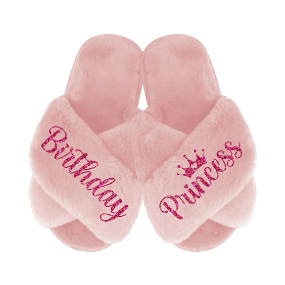 Birthday Princess Slippers - Fluffy Criss Cross Slippers for Girls - Ages 3 to 10 years - Gifts for Girls, Pink 1-1.5Y (8-9 Yrs), Fuchsia Glitter