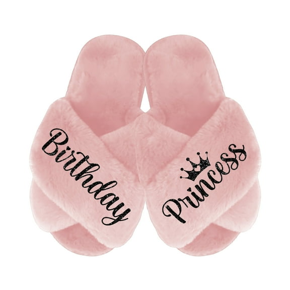 Birthday Princess Slippers - Fluffy Criss Cross Slippers for Girls - Ages 3 to 10 years - Gifts for Girls, Pink 2.5-3Y (9-10Yrs), Black Glitter