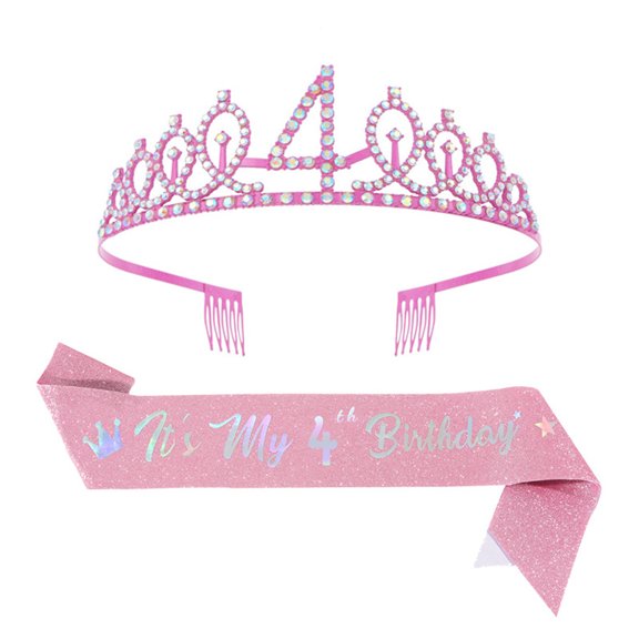 Birthday Princesses Tiaras Set With Rhinestones Crowns Sash Hair Accessory For Girls Party Celebration