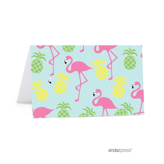 Birthday Printable Table Tent Place Cards, Pink Flamingo and Pineapple Party, 20-Pack