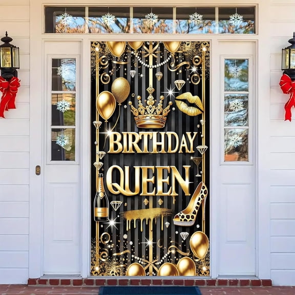 Birthday Queen Door Cover Crown Heels Black and Gold Happy Birthday Door Banner for Women Adult 30th 40th 50th 60th 70th Photography Backdrop Cruise Cabin Door Signs Party Decorations 71x35 Inch