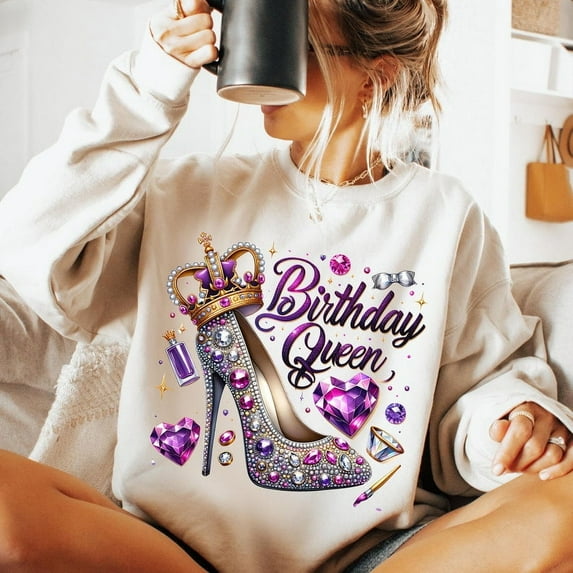 Birthday Queen Glitter Sweatshirt, Girly Crown Birthday Shirt, Party Crewneck for Women, Sparkly Celebration Gift