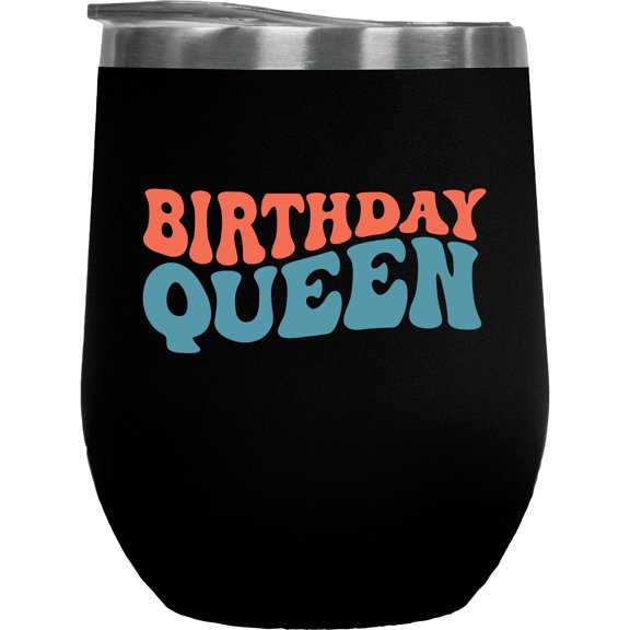 Birthday Queen, Party Themed, Groovy Retro Wavy Text Merch Gift, Black 12oz Wine Tumbler