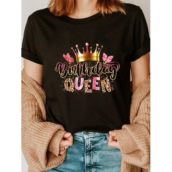 Birthday Queen Print T-Shirt, Casual Crew Neck Short Sleeve T-Shirt For Spring & Summer, Women's Clothing, Casual Sporty Tee, Summer Gifts