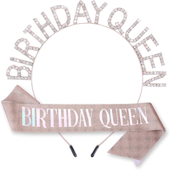 Birthday Queen Sash Crystal Headband Set Rhinestone Tiara Bling Glitter Crowns Hair Band Princess Tiara Sweet Happy Birthday Decorations Accessories For Women Girls
