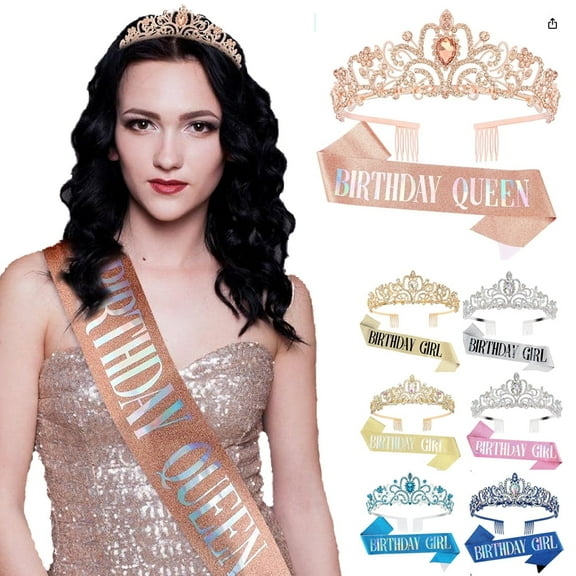 "Birthday Queen" Sash and Rhinestone Tiara Set, Women Birthday Sash and Crown Decoration, Glitter Crystal Hair Accessories for Girl Birthday Party