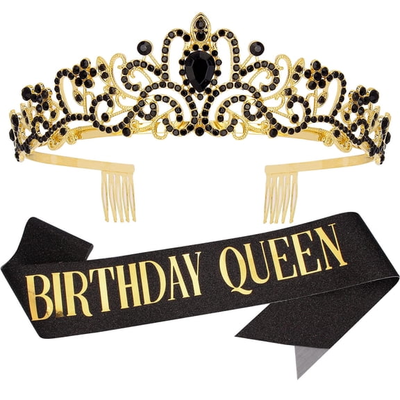 "Birthday Queen" Sash and Rhinestone Tiara Set, Women Birthday Sash and Crown Decoration, Glitter Crystal Hair Accessories for Girl Birthday Party