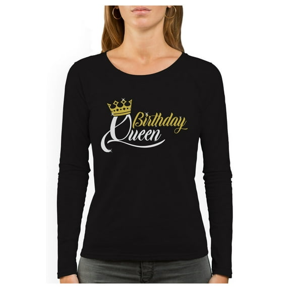 Birthday Queen Top for Women Girls Birthday Crown Women Long Sleeve T-Shirt Small Black