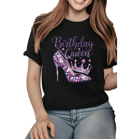 Birthday Queen Women's Short Sleeve Graphic T-Shirt 1 Pcs Tee 100% Heavy Cotton - Comfortable Crew Neck, Soft Tees Casual Tops