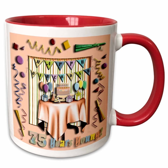 3drose, Birthday Room in Peach Happy Birthday 75 Years Old, 15oz Two-tone Red Mug