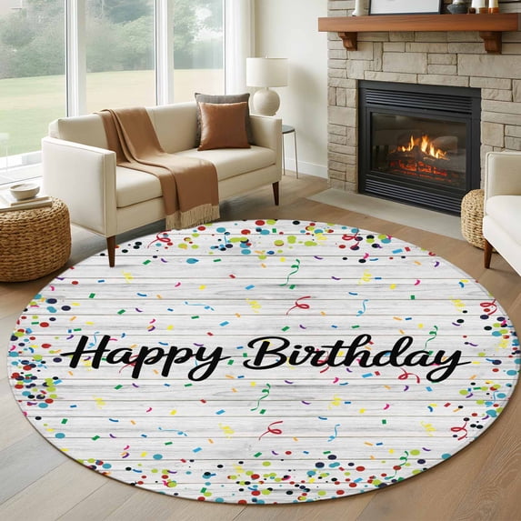 Birthday Round Rug 5ft Washable Circle Kitchen Rugs Non Slip Colorful Confetti Ribbons Polka Dots Vintage Wood Large Area Rug Indoor Floor Carpet for Bedroom Living Room Office Dining Room Nursery