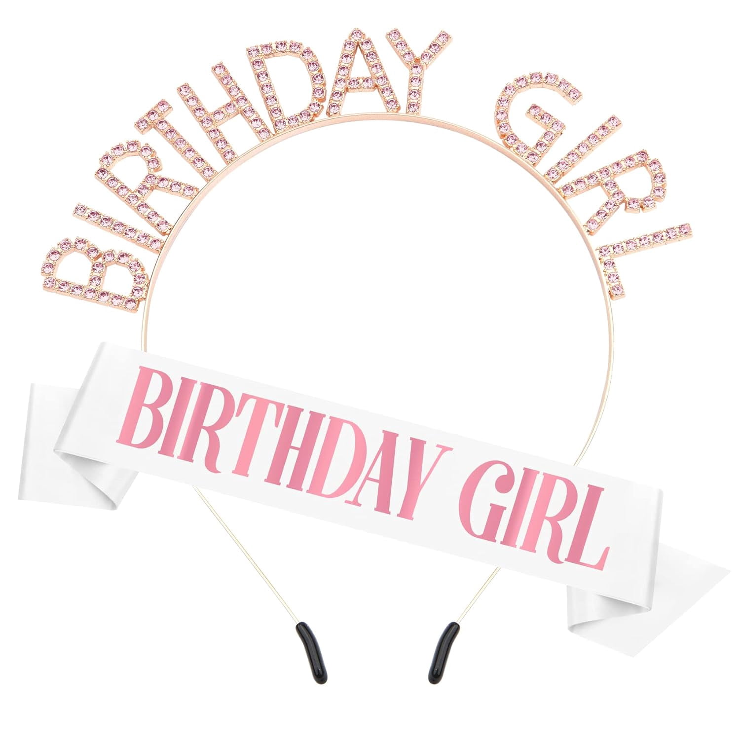 Trnerm Birthday Girl Crown & Sash Set - Pink Rhinestone Tiara Headband & Sparkly Sash