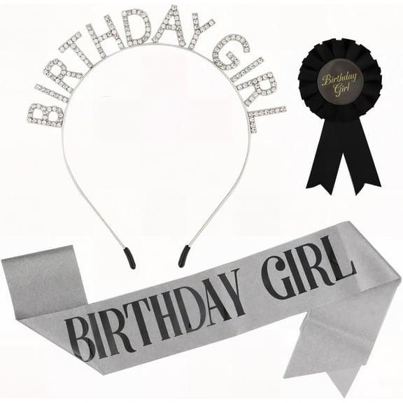 Birthday Sash for Girl Daofin Silver Birthday Tiara Crown for Girls Headband Sash Button Pins Princess Happy Birthday Set