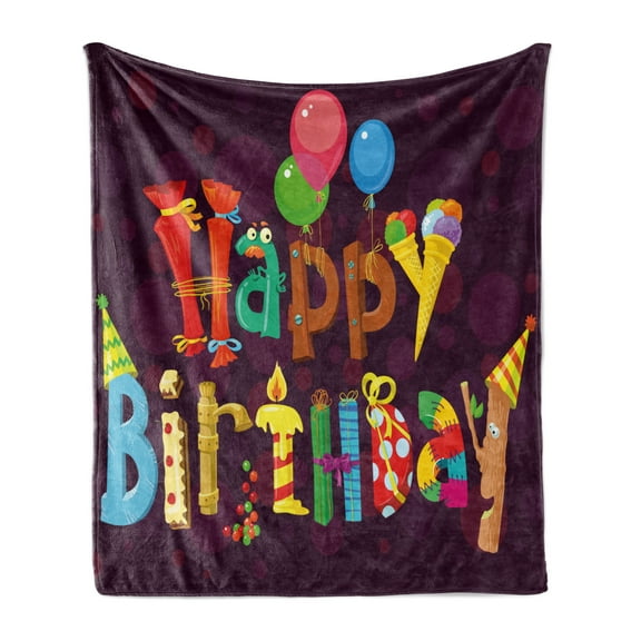 Birthday Soft Flannel Fleece Blanket, Abstract Purple Background Ice Cream Sweets Party Objects as Letters Celebration, Cozy Plush for Indoor and Outdoor Use, 50" x 70", Multicolor, by Ambesonne