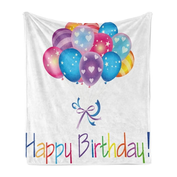 Birthday Soft Flannel Fleece Blanket, Balloon Bouquet with Stars and Heart Shapes Best Wishes Joyful Happy Event Print, Cozy Plush for Indoor and Outdoor Use, 70" x 90", Multicolor, by Ambesonne