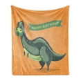 thumbnail image 1 of Birthday Soft Flannel Fleece Blanket, Funny Cartoon Style Dinosaur Holding Ribbon Birthday Greetings Theme, Cozy Plush for Indoor and Outdoor Use, 70" x 90", Green Pale Green Orange, by Ambesonne, 1 of 6