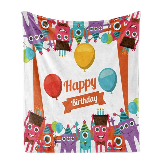Birthday Soft Flannel Fleece Blanket, Funny Happy Monsters Holding Chocolate Cakes Party Horns Kids Celebration Design, Cozy Plush for Indoor and Outdoor Use, 50" x 60", Multicolor, by Ambesonne