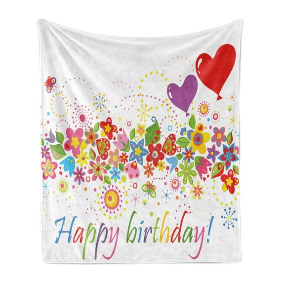 Birthday Soft Flannel Fleece Blanket, Happy Celebration on Colorful Flourishing Meadow Heart Shaped Balloons Art Print, Cozy Plush for Indoor and Outdoor Use, 60" x 80", Multicolor, by Ambesonne