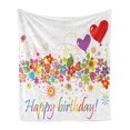 thumbnail image 1 of Birthday Soft Flannel Fleece Blanket, Happy Celebration on Colorful Flourishing Meadow Heart Shaped Balloons Art Print, Cozy Plush for Indoor and Outdoor Use, 70" x 90", Multicolor, by Ambesonne, 1 of 5