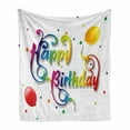 thumbnail image 1 of Birthday Soft Flannel Fleece Blanket, Happy Birthday Words with Floral Swirled Details Stars Flying Balloons Art Print, Cozy Plush for Indoor and Outdoor Use, 70" x 90", Multicolor, by Ambesonne, 1 of 6