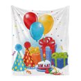 thumbnail image 1 of Birthday Soft Flannel Fleece Blanket, Multicolor Slice of Strawberry Pie Party Set up with Hats Balloons Presents Stars, Cozy Plush for Indoor and Outdoor Use, 50" x 70", Multicolor, by Ambesonne, 1 of 5