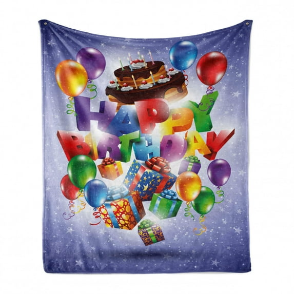 Birthday Soft Flannel Fleece Blanket, Presents Fun Balloons Curly Ribbons and Cake with Candles Stars Background Print, Cozy Plush for Indoor and Outdoor Use, 70" x 90", Multicolor, by Ambesonne