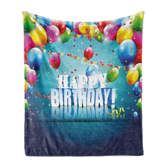 Birthday Soft Flannel Fleece Blanket, Realistic Design in 3D Style Text Vibrant Colorful Balloons Flags Surprise Party, Cozy Plush for Indoor and Outdoor Use, 60" x 80", Multicolor, by Ambesonne