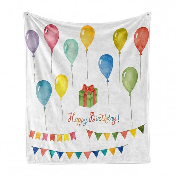 Birthday Soft Flannel Fleece Blanket, Watercolor Set for Celebration Flags Surprise Box Balloons and Happy Best Wishes, Cozy Plush for Indoor and Outdoor Use, 50" x 60", Multicolor, by Ambesonne