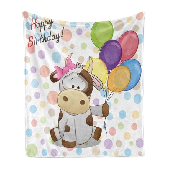 Birthday Soft Flannel Fleece Throw Blanket, Baby Cow Animal and Colorful Balloons on Abstract Polka Dot Backdrop Print, Cozy Plush for Indoor and Outdoor Use, 60" x 80", Multicolor, by Ambesonne