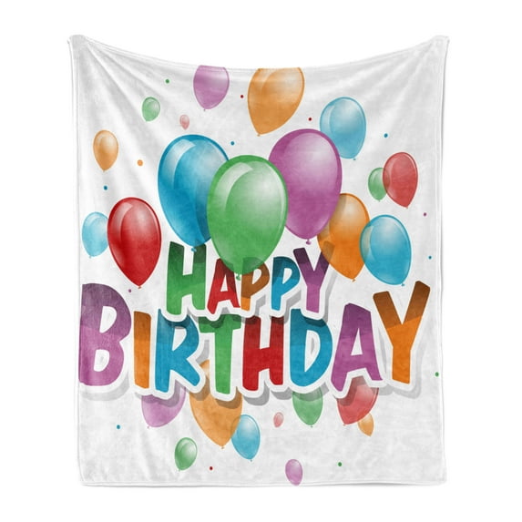 Birthday Soft Flannel Fleece Throw Blanket, Balloons Burst Fun Graphic Design Festival Cheerful Mood Greeting Celebration, Cozy Plush for Indoor and Outdoor Use, 70" x 90", Multicolor, by Ambesonne