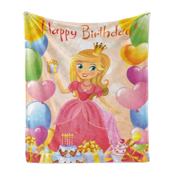 Birthday Soft Flannel Fleece Throw Blanket, Birthday Girl Princess Themed Image with Hearts and Balloons Image, Cozy Plush for Indoor and Outdoor Use, 50" x 70", Multicolor, by Ambesonne