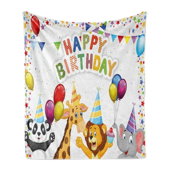 Birthday Soft Flannel Fleece Throw Blanket, Cartoon Style Safari Jungle Animals at a Party with Flags and Balloons Image, Cozy Plush for Indoor and Outdoor Use, 70" x 90", Multicolor, by Ambesonne