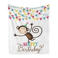 thumbnail image 1 of Birthday Soft Flannel Fleece Throw Blanket, Celebration Brown Monkey Posing at a Party with 2 Line Flags Cone, Cozy Plush for Indoor and Outdoor Use, 70" x 90", Multicolor, by Ambesonne, 1 of 5