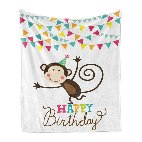 Birthday Soft Flannel Fleece Throw Blanket, Celebration Brown Monkey Posing at a Party with 2 Line Flags Cone, Cozy Plush for Indoor and Outdoor Use, 70" x 90", Multicolor, by Ambesonne
