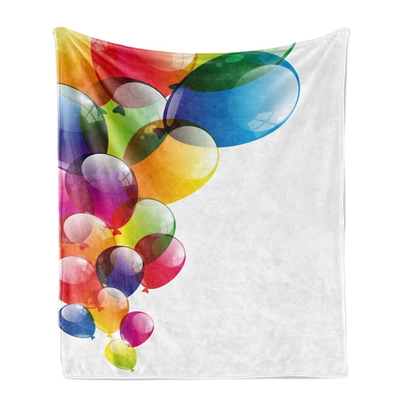 Birthday Soft Flannel Fleece Throw Blanket, Celebration Colorful Balloons with Reflections Surprise Occasion Joyful, Cozy Plush for Indoor and Outdoor Use, 70" x 90", Multicolor, by Ambesonne
