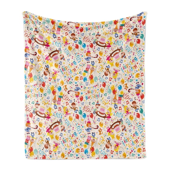 Birthday Soft Flannel Fleece Throw Blanket, Children Celebration Theme Balloons Delicious Cakes on Pink Color Backdrop, Cozy Plush for Indoor and Outdoor Use, 60" x 80", Multicolor, by Ambesonne