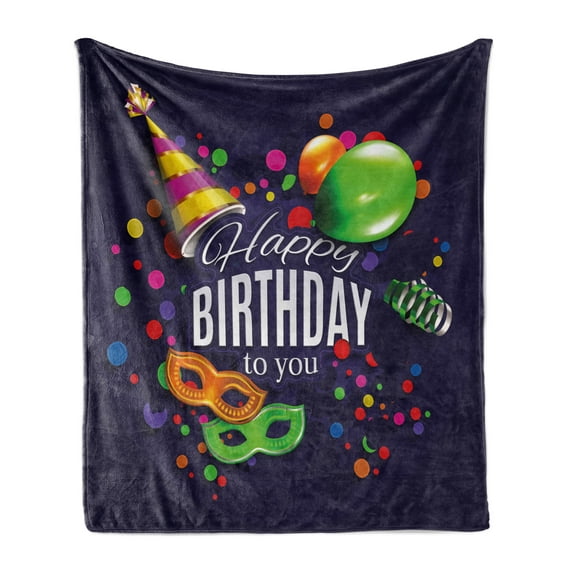 Birthday Soft Flannel Fleece Throw Blanket, Colorful Balloons Curling Ribbons Carnival Party Hat Illustration, Cozy Plush for Indoor and Outdoor Use, 50" x 70", Multicolor, by Ambesonne
