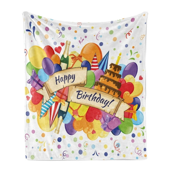 Birthday Soft Flannel Fleece Throw Blanket, Colorful Joyous Burst with Champagne Bottles Cake Balloons Celebration, Cozy Plush for Indoor and Outdoor Use, 70" x 90", Multicolor, by Ambesonne