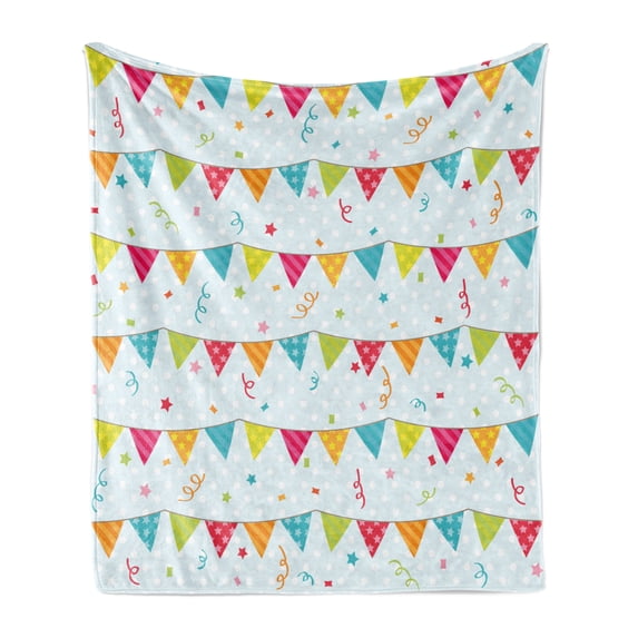 Birthday Soft Flannel Fleece Throw Blanket, Colorful Triangular Party Flags on the Ropes Swirls and Stars Kids Design, Cozy Plush for Indoor and Outdoor Use, 70" x 90", Multicolor, by Ambesonne