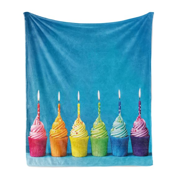 Birthday Soft Flannel Fleece Throw Blanket, Cupcakes in Rainbow Colors with Candles Fun Homemade Party Food Delicious, Cozy Plush for Indoor and Outdoor Use, 70" x 90", Multicolor, by Ambesonne