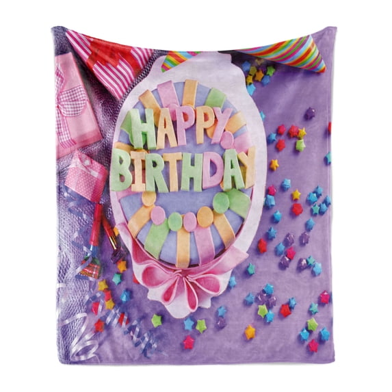 Birthday Soft Flannel Fleece Throw Blanket, Delicious Birthday Cake on a Table with Stars and Presents Party Yummy Dessert, Cozy Plush for Indoor and Outdoor Use, 50" x 60", Multicolor, by Ambesonne