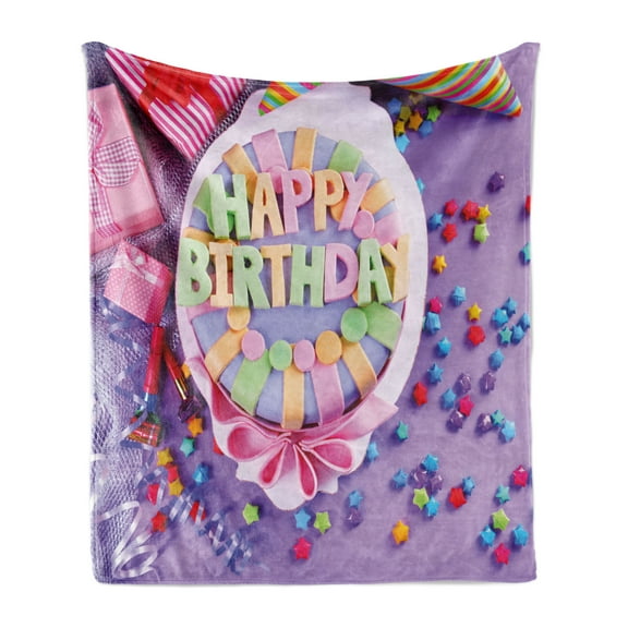 Birthday Soft Flannel Fleece Throw Blanket, Delicious Birthday Cake on a Table with Stars and Presents Party Yummy Dessert, Cozy Plush for Indoor and Outdoor Use, 60" x 80", Multicolor, by Ambesonne