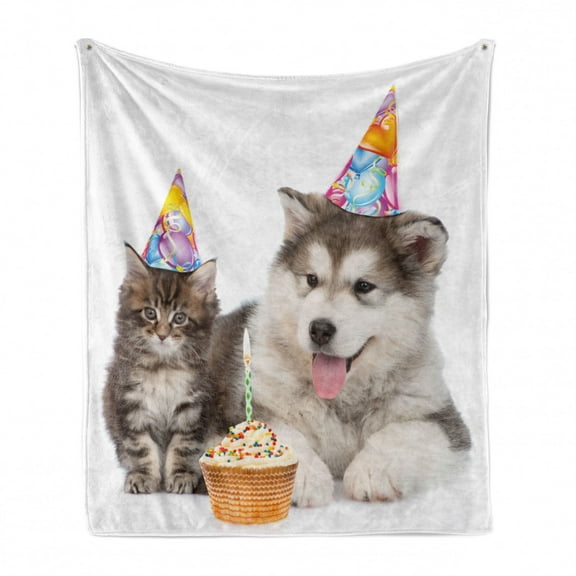 Birthday Soft Flannel Fleece Throw Blanket, Dog and Cat Domestic Animals with Birthday Party Cones and Cupcake Image, Cozy Plush for Indoor and Outdoor Use, 70" x 90", White and Brown, by Ambesonne
