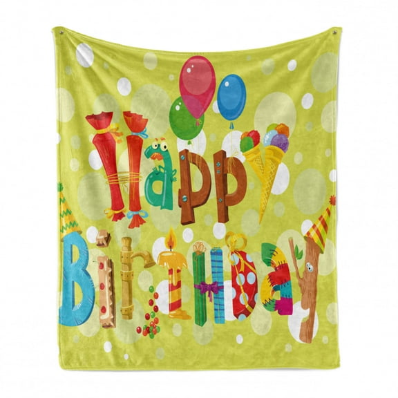 Birthday Soft Flannel Fleece Throw Blanket, Happy Celebration in Shapes Funny Ice Cream Candies and Balloons, Cozy Plush for Indoor and Outdoor Use, 50" x 60", Multicolor, by Ambesonne